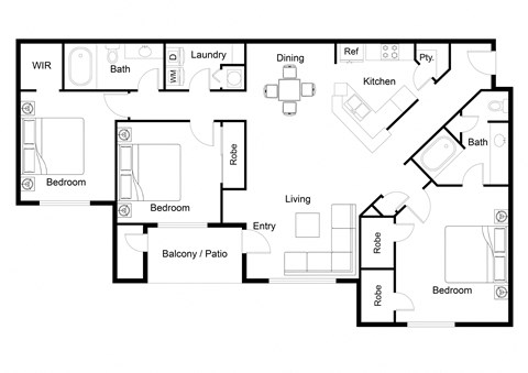 Floor plan for 3 beds, 2 baths, 1318 sqft